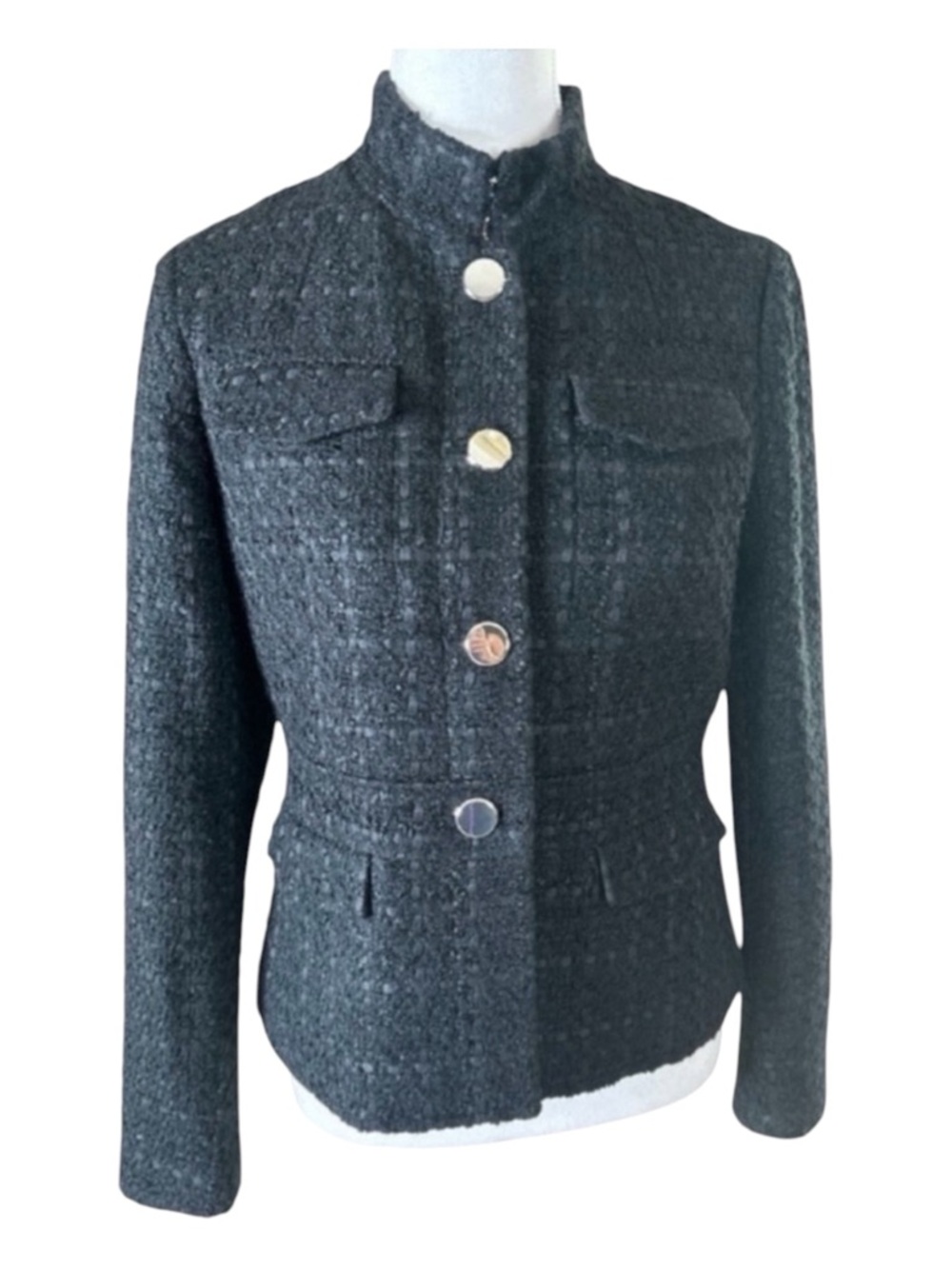ANN TAYLOR Blazer, Faux Flap Pockets in Front, Silver Buttons, Size 0.
